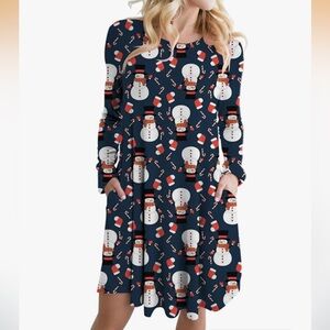 Amazon Women's Long Sleeve Navy Snowman Christmas Dress with Pockets - XL